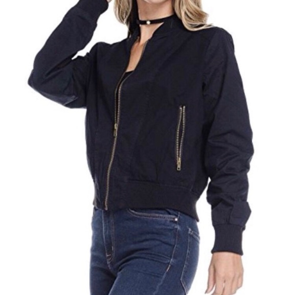 Black crop canvas bomber jacket